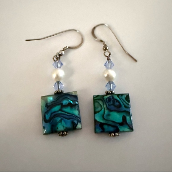 Abalone Jewelry - Estate Abalone Shell Pearl Crystal Sterling Silver Earrings NEVER WORN